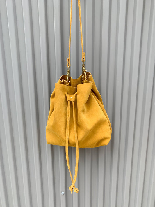 Mustard Suede Drawstring Bucket Bag